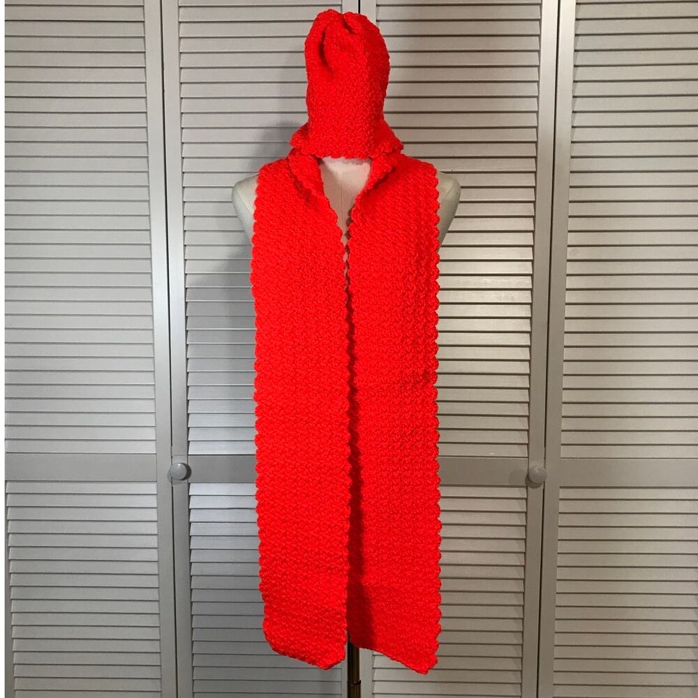 NWT Handmade Crochet Textured Winter Neon Orange Scarf 74” & Beanie